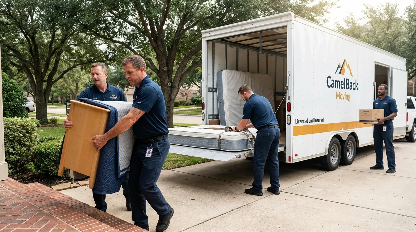 Crew loading residential truck for cross-state move from Tioga, ND