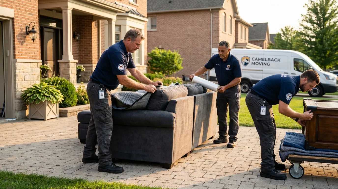Large estate moving crew wrapping furniture in Tioga, ND