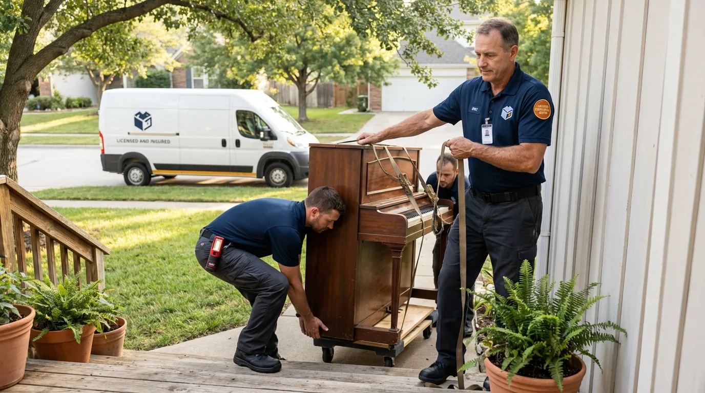 Licensed piano movers securing grand piano in Tioga, ND