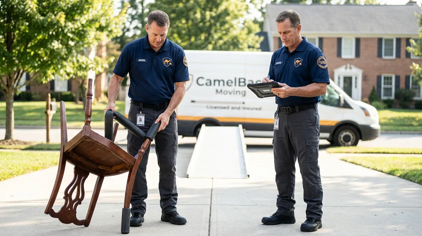 Movers inspecting furniture for damage prevention before loading in Tioga, ND