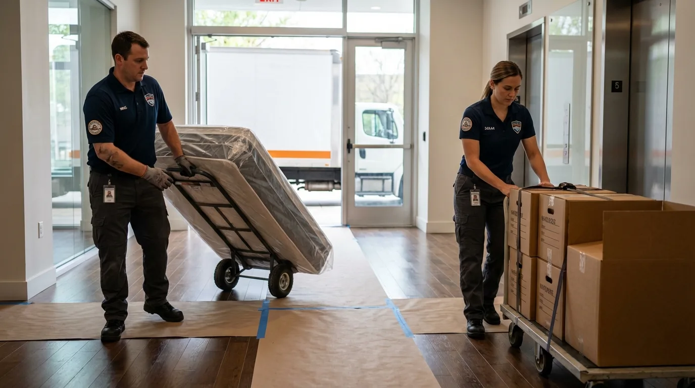 Professional apartment movers loading elevator in Tioga, ND
