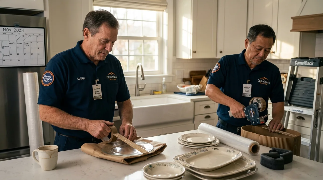 Professional crew packing kitchen dishware in Tioga, ND